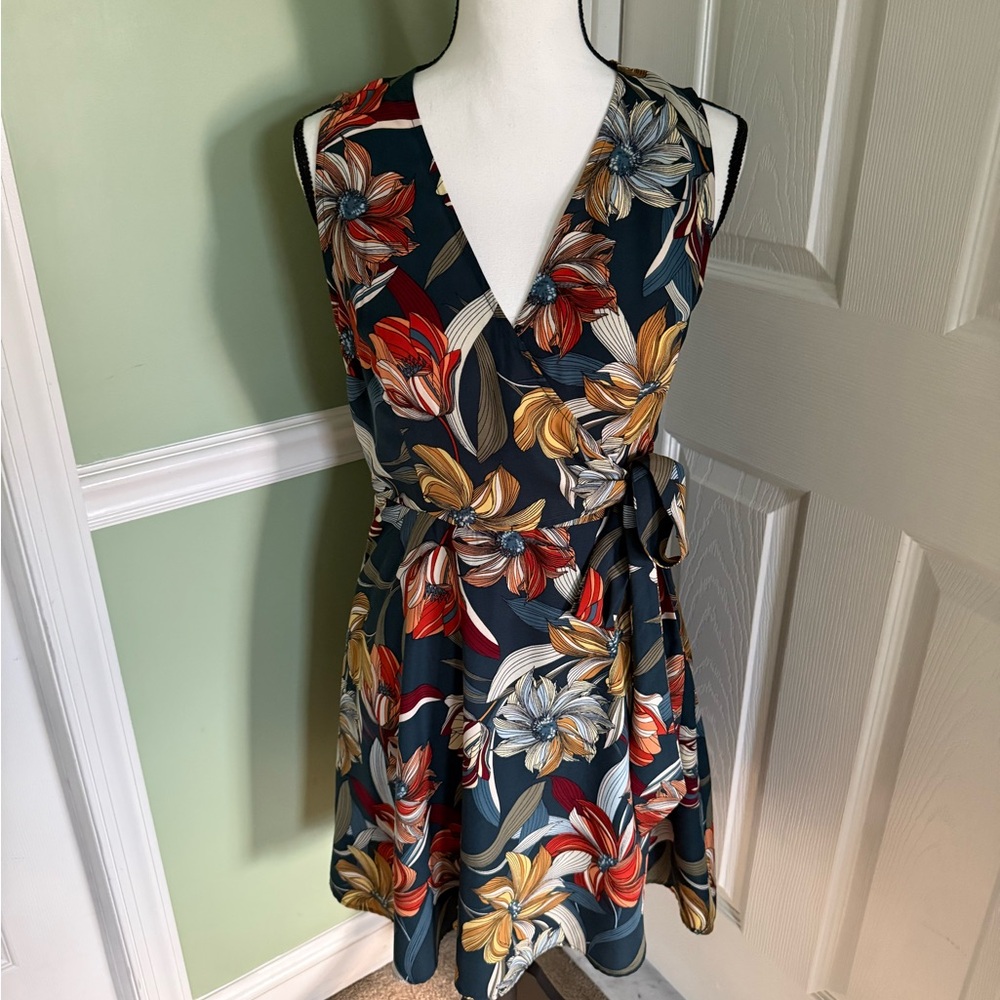 Collective Concepts Blue and Orange Floral Wrap Sundress